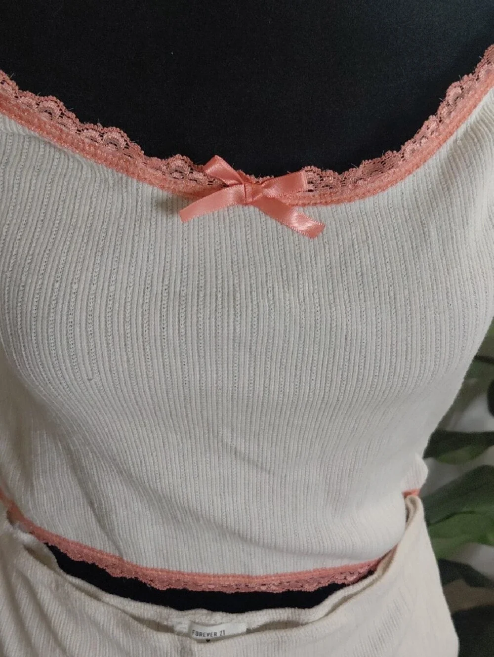 Forever 21 Cream Ribbed Cami & Pink Lace Trim Short Sleep Set